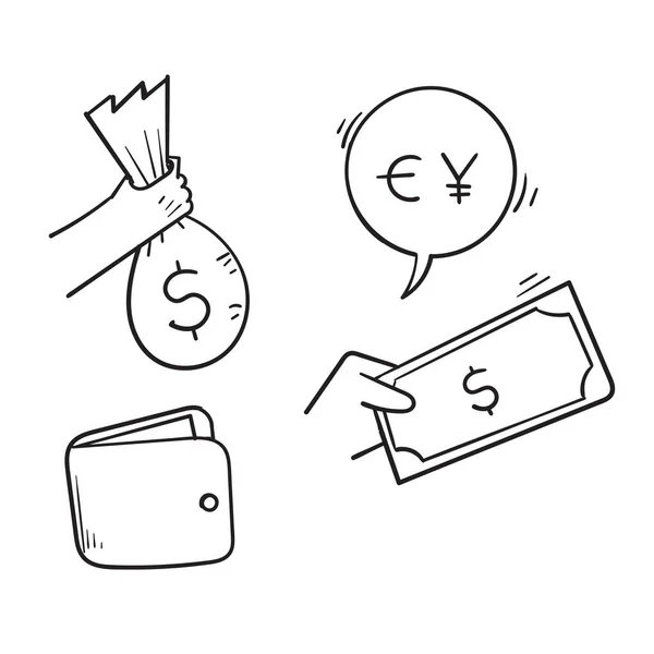 Conjunto Mão Desenhada Dinheiro Ícone Relacionado Ilustração Vetor Isolado Doodle —  Vetores de Stock