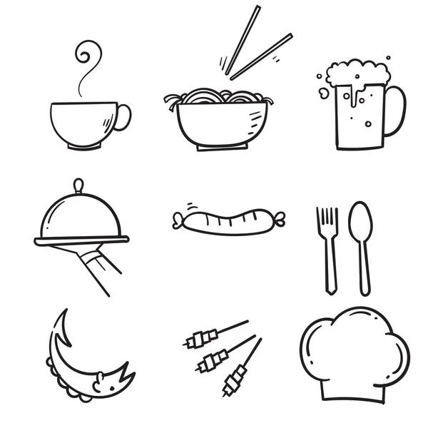 Handgetekend Pictogram Eten Drinken Restaurant Lijn Pictogrammen Ingesteld Vector Illustratie — Stockvector