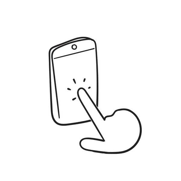 Ručně Kreslené Ruční Držení Dotek Smartphone Ilustrace Ikona Vektor — Stockový vektor