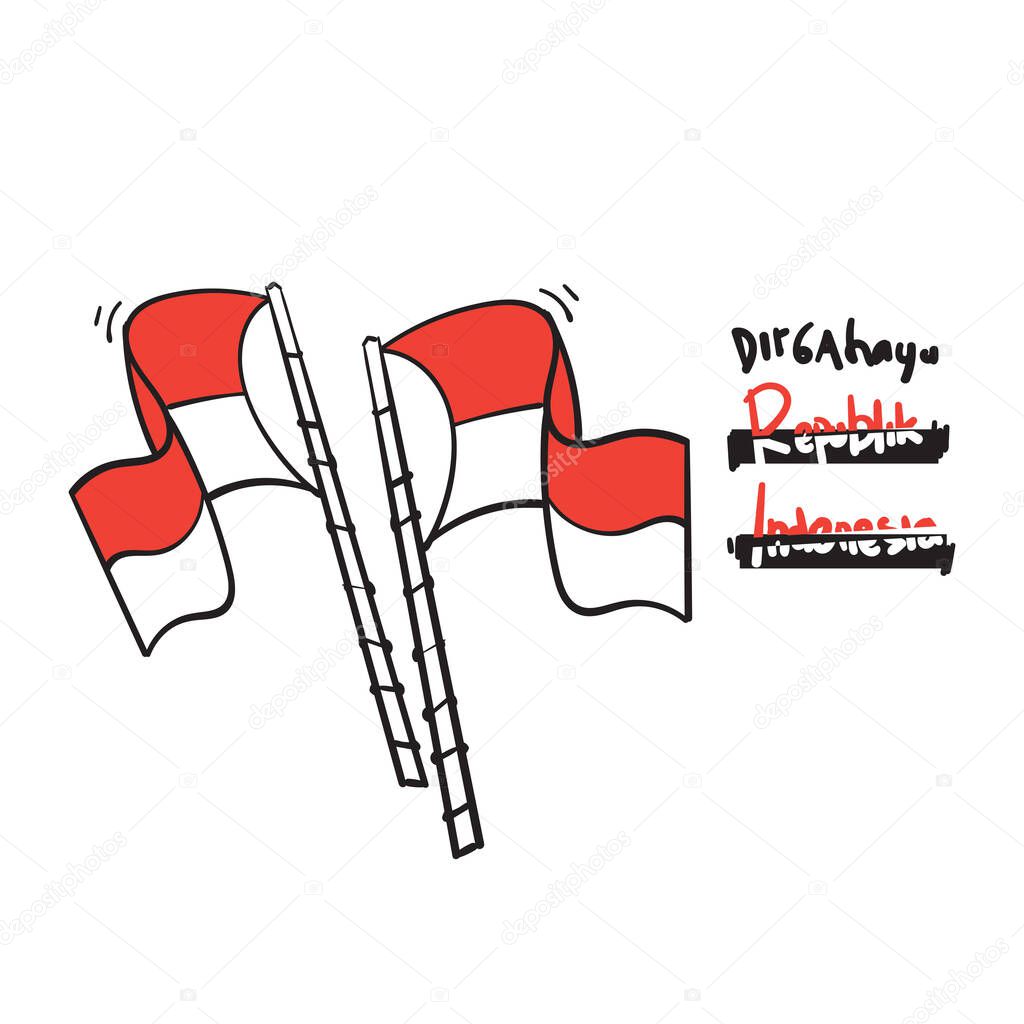 hand drawn doodle red and white flag and typography symbol for indonesian independence day celebration vector