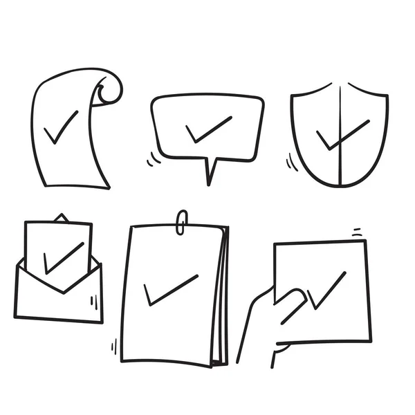 手工绘制的一组简单的批准相关向量行图标说明 涂鸦风格 — 图库矢量图片