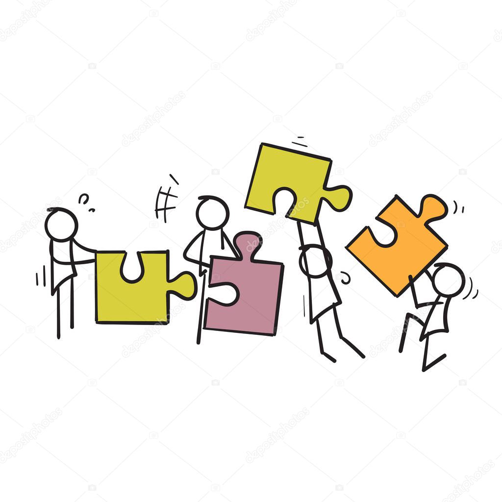 hand drawn stick man Holding the big jigsaw puzzle piece symbol for Teamwork successful together concept. Marketing content. cartoon