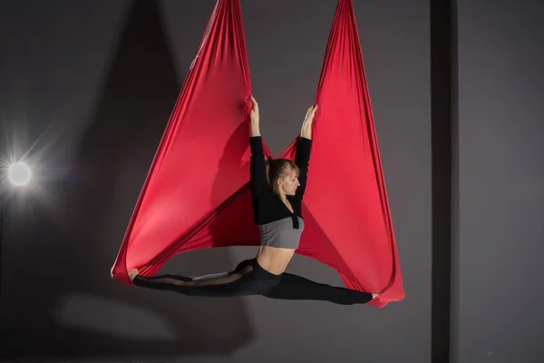 Yoga sinek. Genç kadın fitness club gri arka plan üzerinde bir hamakta ile hava Anti-yerçekimi yoga uygulamaları.