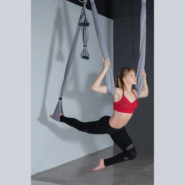 Fly yoga. Young woman practices aerial anti-gravity yoga with a hammock in fitness club on gray background.