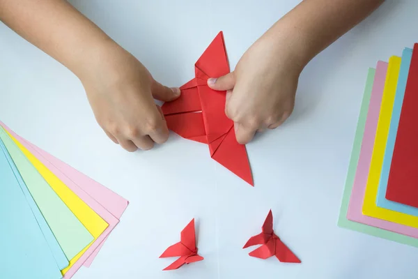 Beyaz arka plan üzerinde renkli kağıttan origami kelebek çocuk ellerin yaptığını. ders origami kelebek.