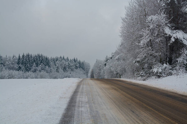 The Winter road. Winter landscape. Cloudy day. Winter decline. The muffled colors. Monochrome landscape. Winter forest.  forest road.