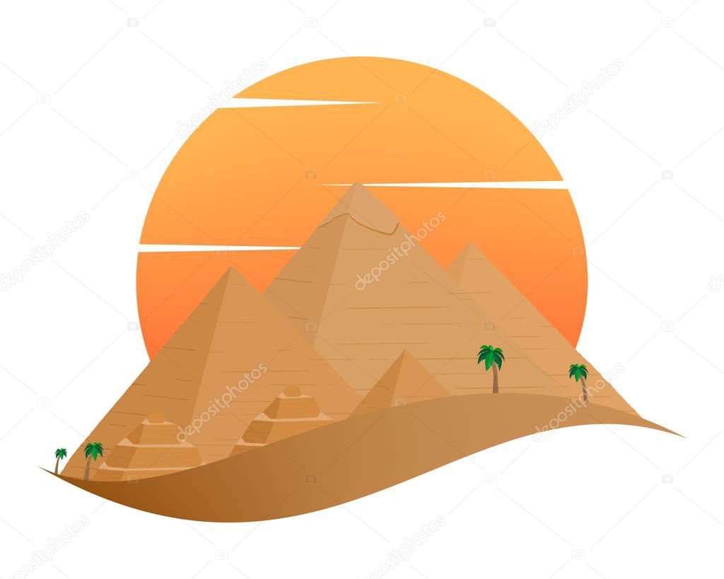 The icon with the Egyptian Pyramids of Giza in the Sand with orange sun in the background of palm trees with brown trunk with green leaves on a white background