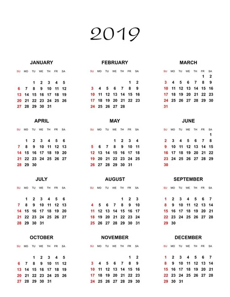 Prosty Kolor Kalendarza Rok 2019 Nazwy Dni Miesięcy Rzędu Niedzielę — Wektor stockowy