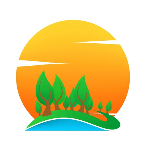 Summer Landscape Icon Orange Sunset Blue Water Green Deciduous Tree — Stock Vector