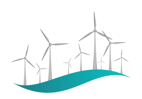 灰色风力涡轮机与发动机和螺旋桨在蓝色波浪上的白色背景 生态风能图标 — 图库矢量图片