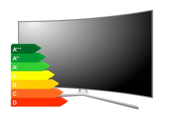 现代3D 等离子电视 关闭多媒体设备的立场与一个黑色显示屏与能源类标签从效率 在白色背景 宽屏电视与黑色框架 — 图库矢量图片
