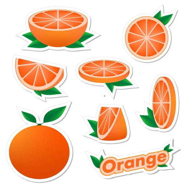 白い背景に スライスした新鮮な柑橘類のステッカーと緑の葉で肌全体にオレンジ色の果物を設定します 健康的な食事の概念 — ストックベクタ