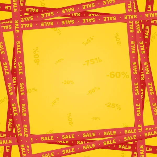 红丝带周围的黄色刻字销售和条纹表明销售地点在黄色背景与数字 警告和警示业务磁带 — 图库矢量图片
