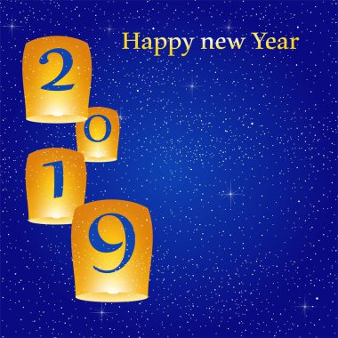 Yıl 2019 parlak mavi arka plan ile parlayan yıldız akasma ile sayı ile uçan Çince şanslı fenerler ve sarı ışıklar ile Yılbaşı selamlar 