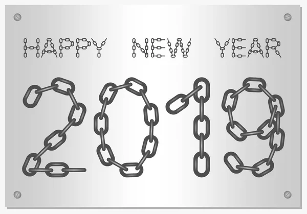 Yılbaşı selamlar 2019 Gümüş arka plan üzerinde çelik zincir gümüş vida ile çıkan Happy New Year sözler ile için 