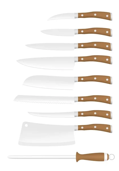 Ensemble Couteaux Acier Cuisine Pour Chef Poignée Bois Avec Rivet — Image vectorielle