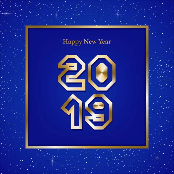 Życzenia Noworoczne Rok 2019 Jasne Niebieskie Tło Świecące Gwiazdy Złoto — Wektor stockowy