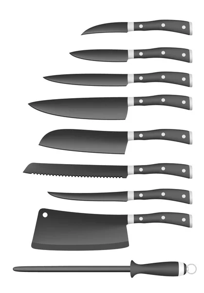 Набор Черных Кухонных Ножей Шеф Повара Черная Деревянная Ручка Заклепкой — стоковый вектор