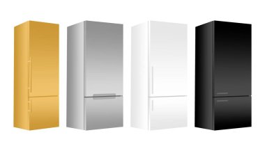 Altın, gümüş, beyaz, siyah buzdolabı derin dondurucu ile beyaz arka plan üzerinde ayarlayın. Modern 3d buzdolabı kapı ile. Ev Mutfak elektrikli cihaz. 