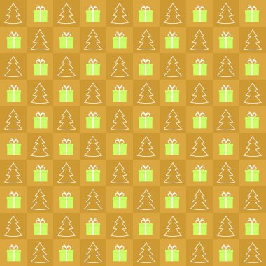 Noel arka plan beyaz kurdele ve dönüşümlü olarak üst üste beyaz kontur Noel ağacı ile yeşil hediye ile altın kareler