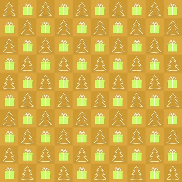 Noel arka plan beyaz kurdele ve dönüşümlü olarak üst üste beyaz kontur Noel ağacı ile yeşil hediye ile altın kareler