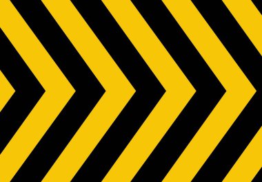 Siyah oklu sarı uyarı işareti. Çapraz siyah ve sarı şeritli soyut arkaplan. Tehlikeli bölge arkaplanı