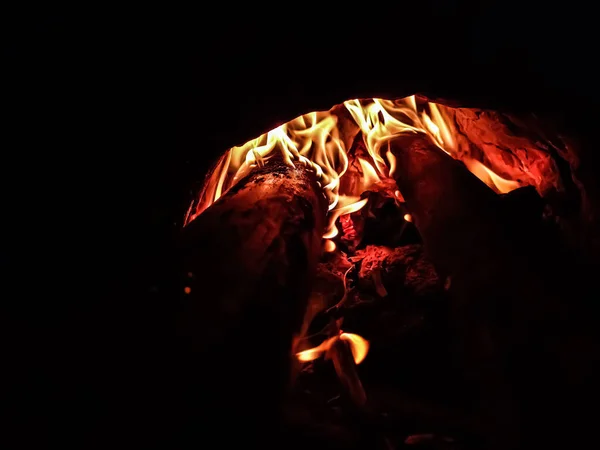Burning Fire Wood Coal Oven Winter Night Close Shot — Stock Photo, Image