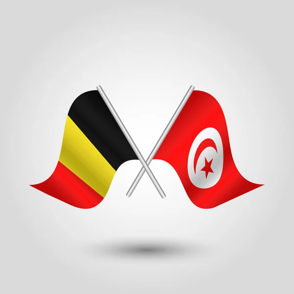Vector Två Korsade Belgiska Och Tunisiska Flaggor Silver Pinnar Symbol — Stock vektor