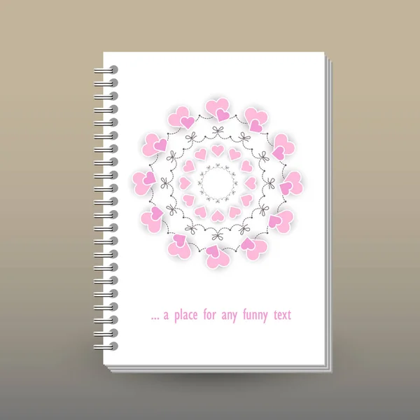 带环形螺旋粘结剂的日记本或笔记本的矢量封面 版式小册子概念 粉红色彩色纸心的可爱婚礼曼荼罗 — 图库矢量图片
