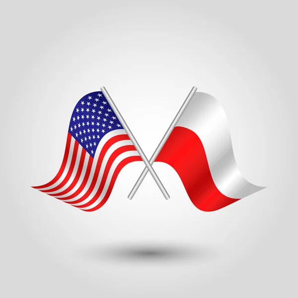 Vector Van Twee Gekruiste Amerikaanse Poolse Vlaggen Zilveren Stokken Symbool — Stockvector