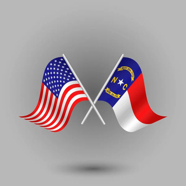 Vektor Dvě Překřížené Amerických Vlajka Severní Karolíně Stříbrné Tyčinky Symboly — Stockový vektor
