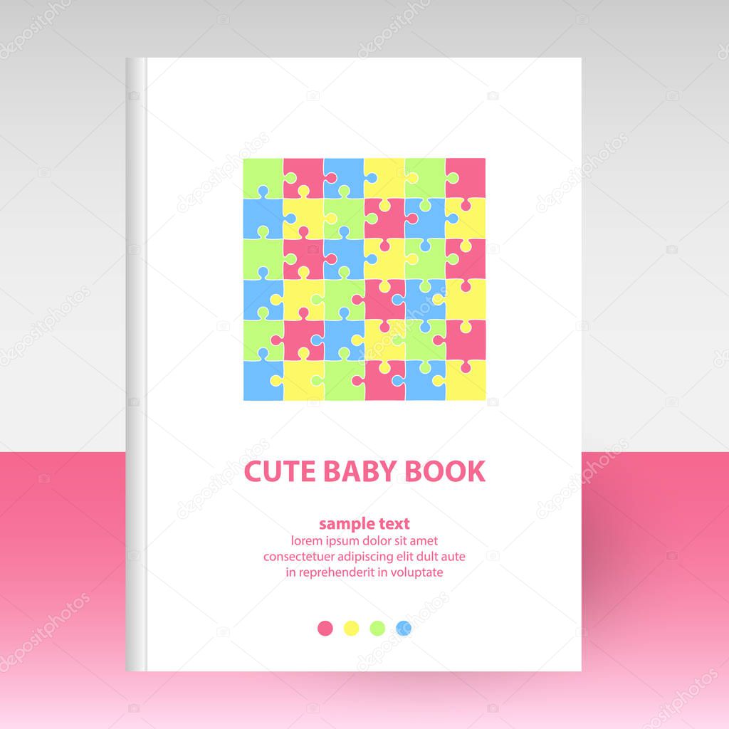 vector cover of diary or notebook white hardcover - format A4 layout brochure concept - baby puzzle pattern - pastel colors pink, blue, yellow and green