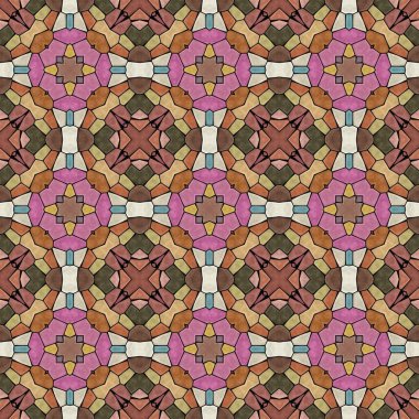 kaleydoskop Dikişsiz desen doku arka plan - bej, kahverengi, leylak rengi, pembe, haki, sarı, Fildişi ve mavi siyah harç ile renkli mozaik