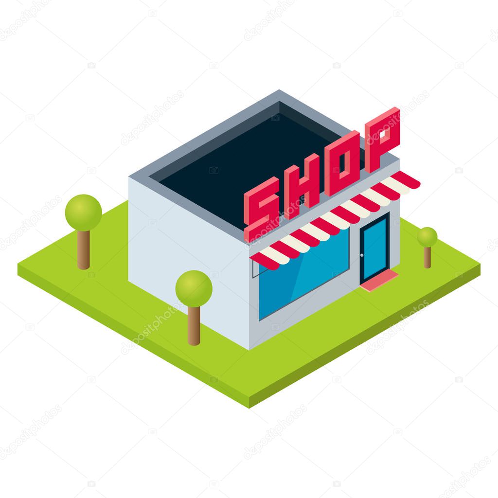 vector isometric perspective isolated shop store building model with green trees and red title
