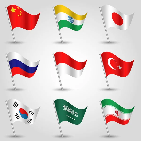 Vector Set Waving Flags Countries Largest Economies Silver Pole Icon — Stock Vector