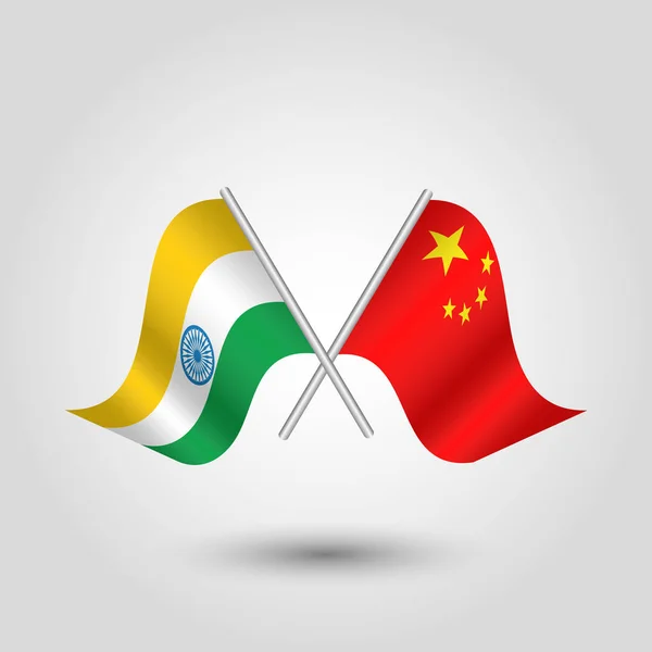 Vektor dvě zkřížené indické a čínské vlajky na stříbrné tyčinky - symbol Indie a z Čínské lidové republiky — Stockový vektor