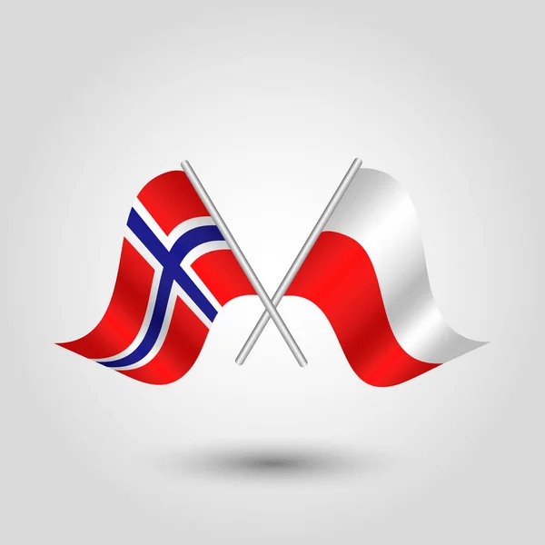 Vetor dois cruzou bandeiras norwegian e polonês em varas de prata - símbolo Reino de norway e república de polônia —  Vetores de Stock