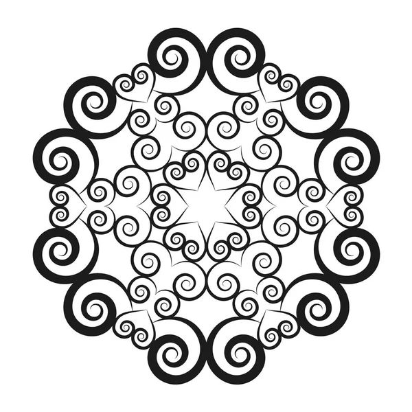 Vetor preto e branco circular mandala redonda com espirais e corações - estrela no meio - página do livro de colorir adulto — Vetor de Stock