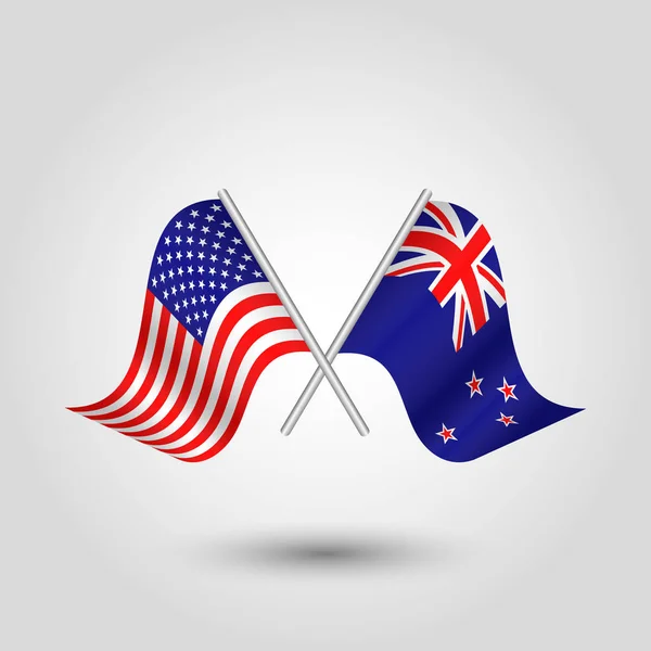실버 스틱-아메리카 합중국 그리고 뉴질랜드의 상징에 2 개의 교차 미국과 zealander 플래그를 벡터 — 스톡 벡터