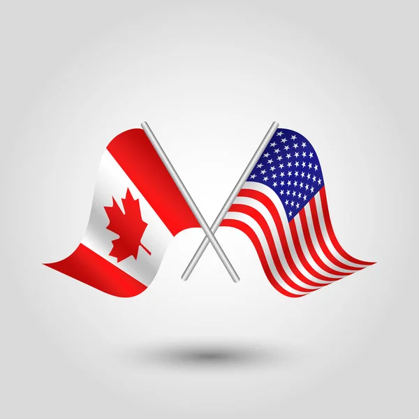 Vektor dvě překřížené kanadské a americké vlajky na stříbrné tyčinky - symbol Kanady a usa united stavu Ameriky — Stockový vektor