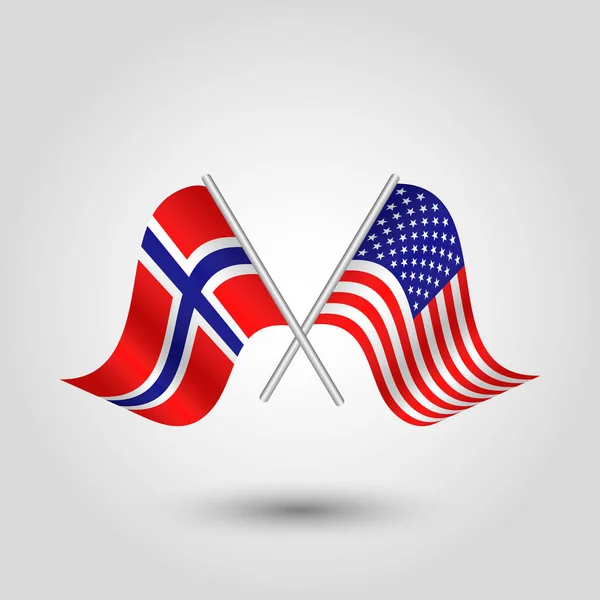 Vector two crossed norwegian and american flags on silver sticks - symbol of norway and usa united states of america — Stock Vector