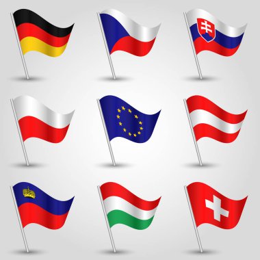 Almanya, Çek Cumhuriyeti, Slovakya, Polonya, Avrupa Birliği, Avusturya, Lichtenstein, Macaristan ve İsviçre 'nin gümüş kutup-simgesi Orta Avrupa devletler bayrakları sallayarak vektör seti