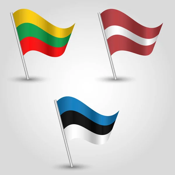 Sada vektorů mávající vlajky pobaltských států Estonsko, Lotyšsko a litvania na stříbrném pólu-estonském, lativan, lithvánských ikonech — Stockový vektor