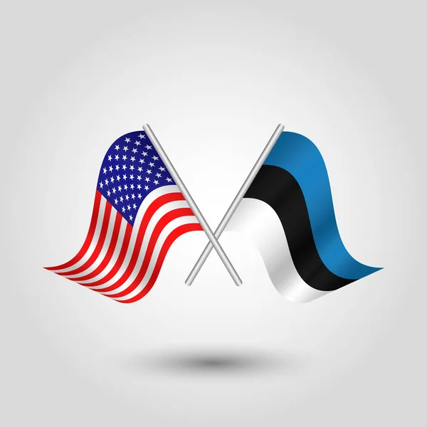 Vektor dva zkřížené americké a estonské vlajky na stříbrných tyčkách-symbol Spojených států amerických a Estonska — Stockový vektor