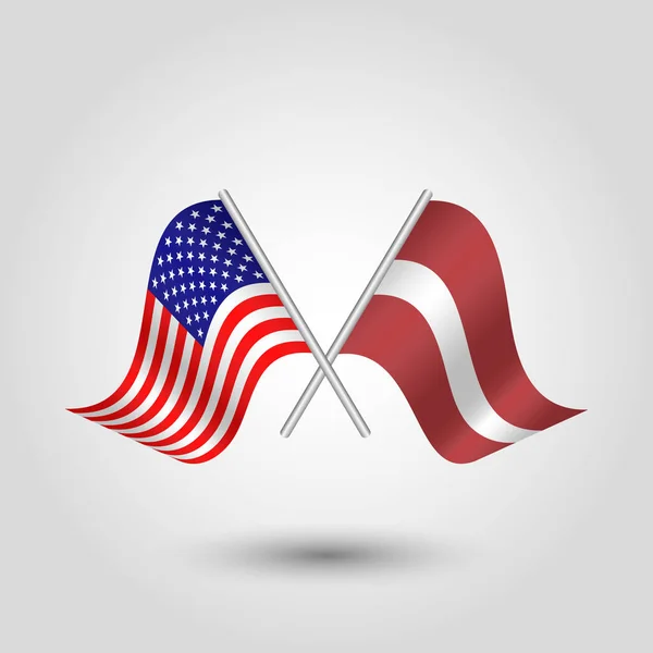 Vector two crossed american and latvian flags on silver sticks - symbol of united states of america and latvia — Stock Vector