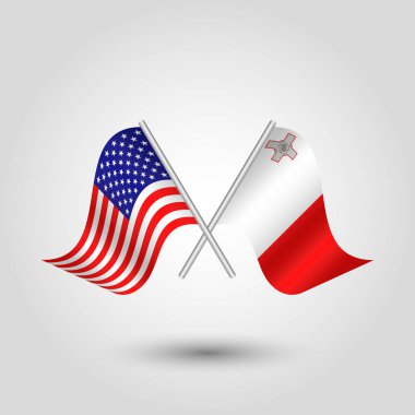 vektör iki gümüş çubuklar üzerinde amerikan ve malta bayrakları geçti - Amerika birleşik devletleri ve Malta sembolü