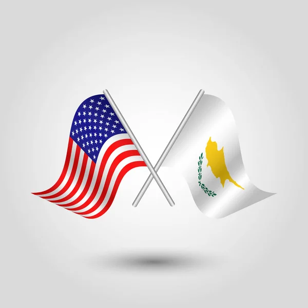 Vector twee gekruiste Amerikaanse en Cypriotische vlaggen op zilveren stokken-symbool van de Verenigde Staten van Amerika en Cyprus — Stockvector
