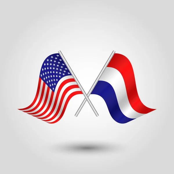 Vector dvě zkřížené americké a nizozemské vlajky na stříbrných tyčkách-symbol Spojených států amerických a Nizozemska — Stockový vektor