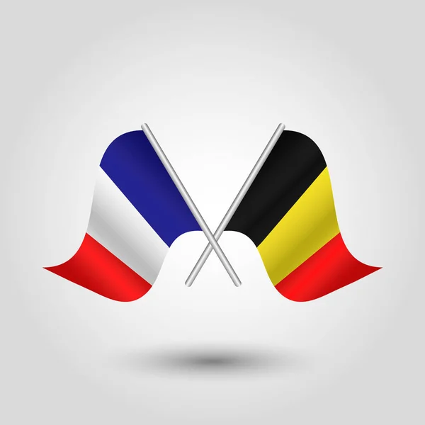 Vector two crossed french and belgian flags on silver sticks - symbol of france and belgium — Stock Vector