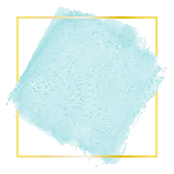 Vector pintado a mano pintura de acuarela abstracta - lindo azul turquesa mancha de color verde aislado sobre fondo blanco con marco cuadrado delgado de oro amarillo — Vector de stock